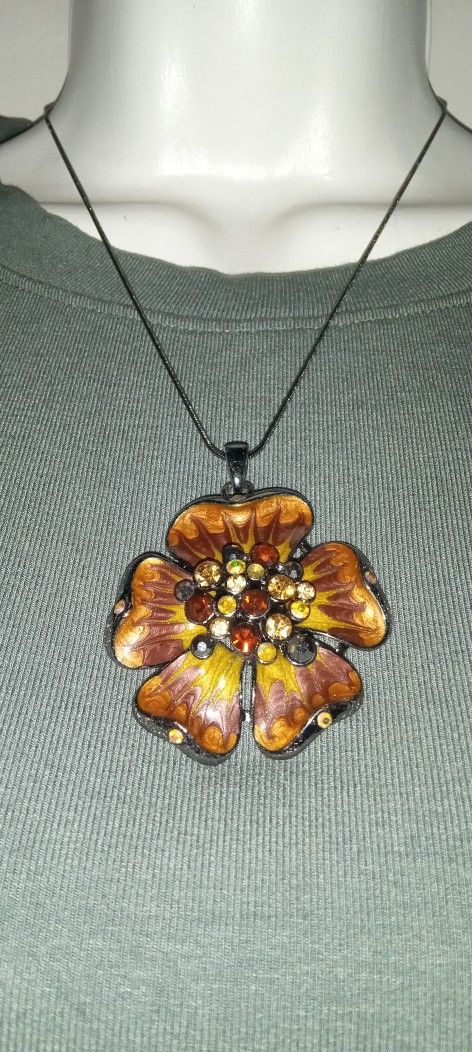 Flower Pendant With Browns And Golds Black Tone Chain