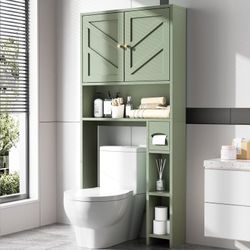 Toilet Storage Cabinet, Green, 65.4", 29.1" Wide Bathroom Organizer with Toilet Paper Holder & Adjustable Shelf, NEW
