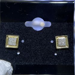 10k Yellow Gold Diamond Square  Shape Studs Screwback Earrings 