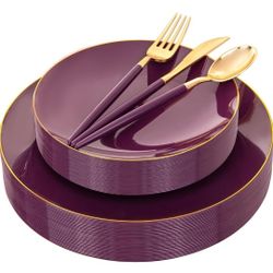 150PCS Purple Plastic Plates - Gold Plastic Silverware with Purple Handle - Disposable Plates Include 30 Guests Plates, Forks, Spoons, Knives for Wedd
