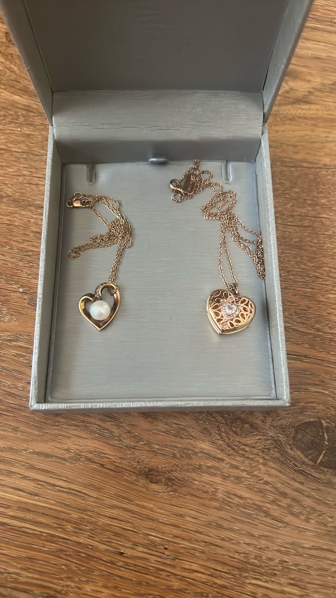 Rose Gold Pearl Heart W/Pearl And Locket Necklace