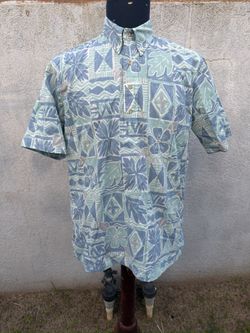 PreOwned Reyn Spooner Green/Blue Hawaiian Print 3/4 Button Men's Small