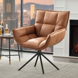 Swivel Accent Chair Faux Leather Armchair with Metal Legs, Light Brown  