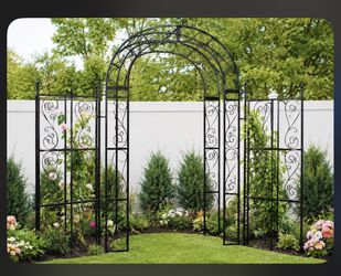 decorative black wrought-iron garden trellis/arbor