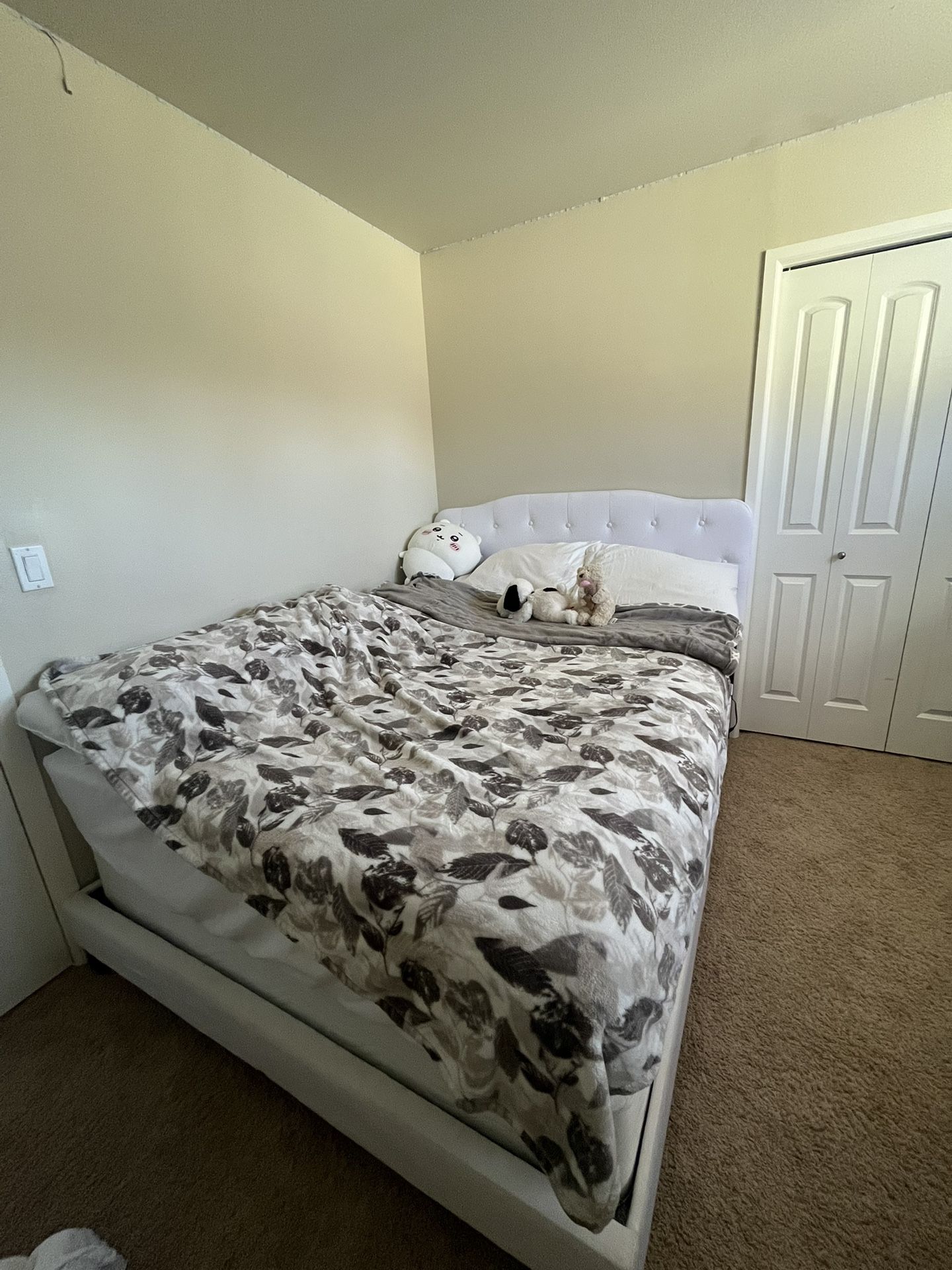 Elegant Queen Bed Frame β White Upholstered with Button Tufting