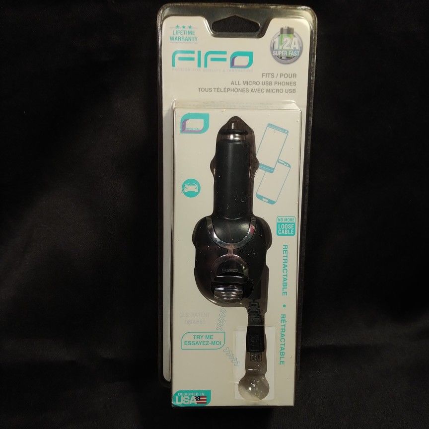 BRAND NEW IN BOX, FIFO DEVICE CAR CHARGER, RETRACTABLE CORD Fits ALL Micro USB PHONES AND DEVICES