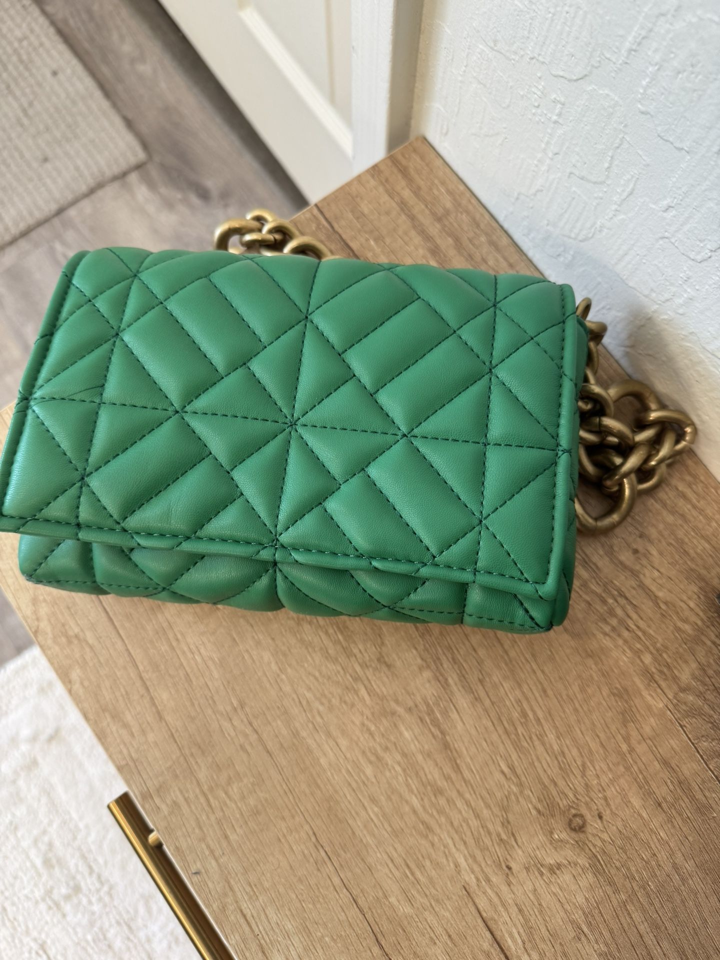 Zara Green Shoulder Bag/clutch With Chunky Rusted Golden Chain