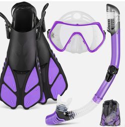 New snorkel set. Fins size s/m. 4 1/2-8 1/2. Purple