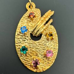 Vintage 14k yellow gold Artist Palette Garnet Citrine Tourmaline Emerald Sapphire Amethyst stone multicolor charm pendant
