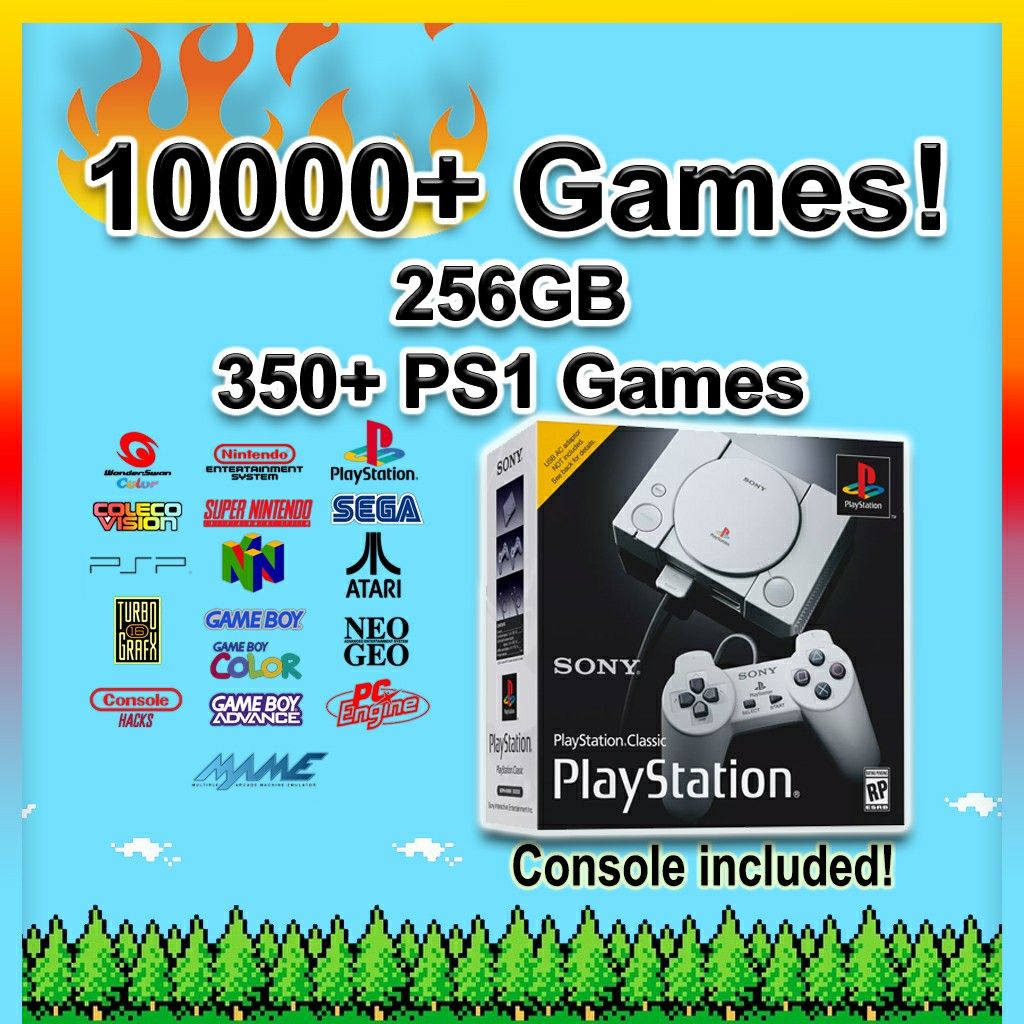 PlayStation Classic 10000+ Games 30 Systems Modded PS1 Classic USB Mini Retro Gaming Console (PSX, N64, SNES, Arcade, Sega, NES, Mario, Sony)