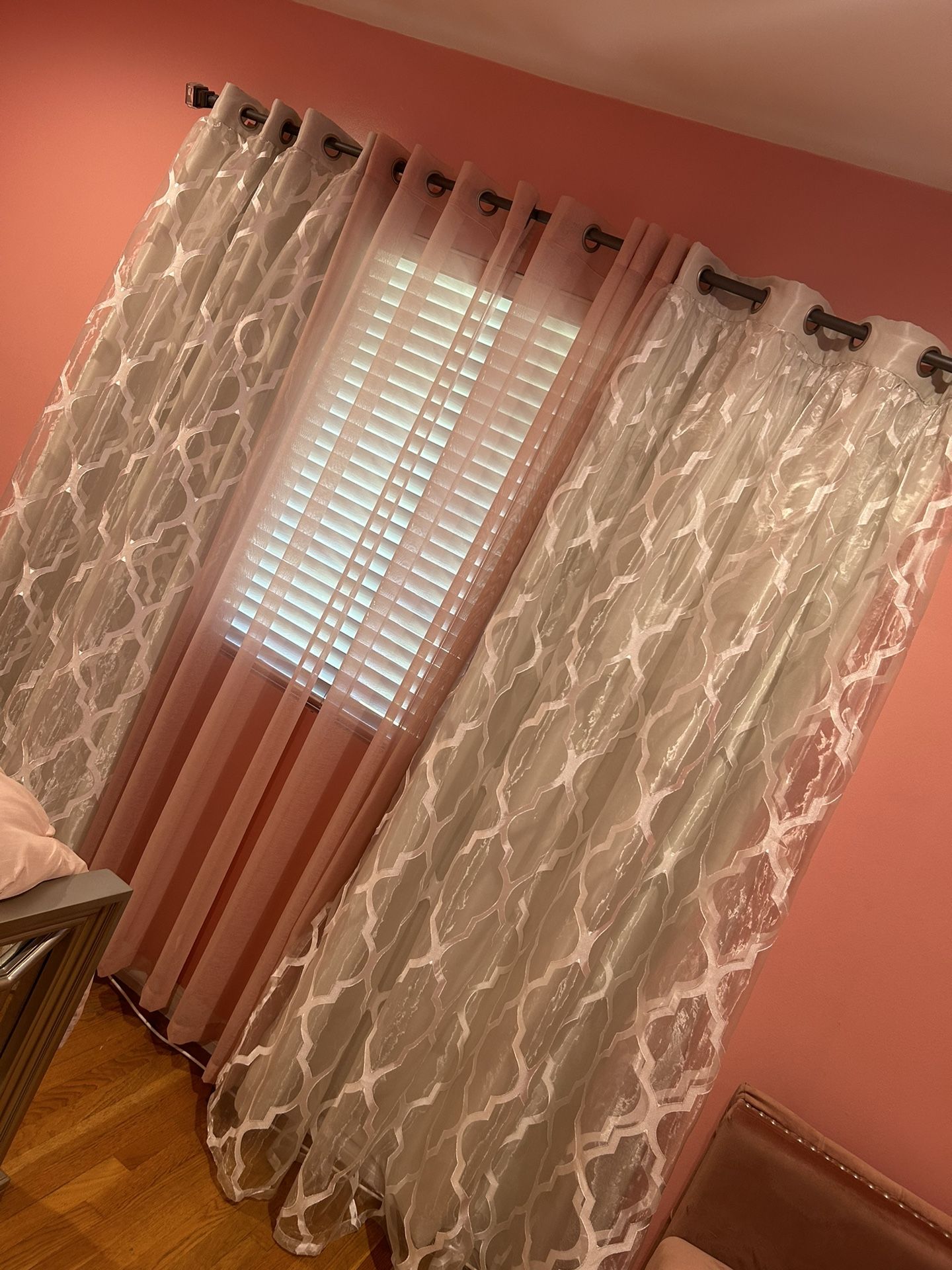 Pink & White Curtains And Pink Bed Cover With Pillows