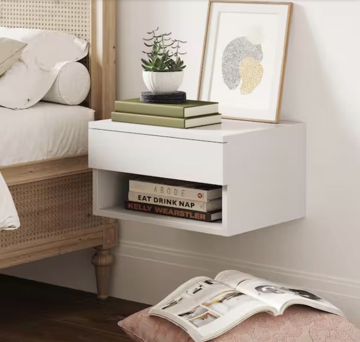 White Rectangle Wood End Nightstand Side Table