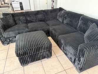 Black Corduroy Sectional Sofa with Ottoman