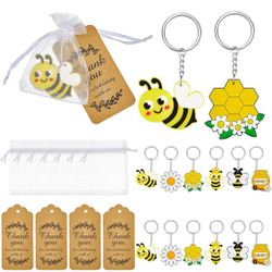 Cute Bee Keychain Party Goodie Bag Gifts Favor Kit with Cute Bee Keychains White Organza Bags and Thank You Kraft Tags for Kids Bee Day Theme Birthday