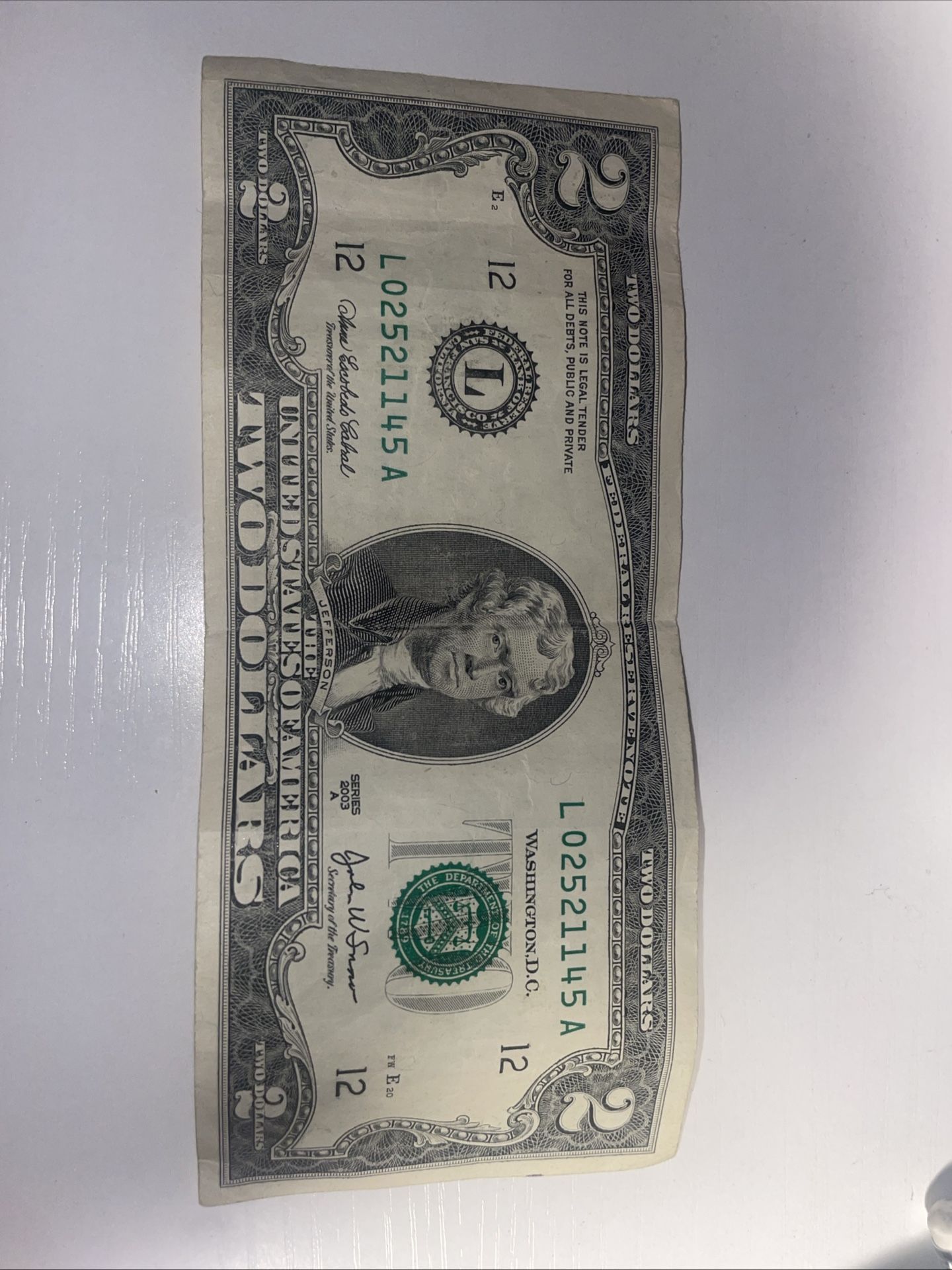 2003A 2 Dollar Bill