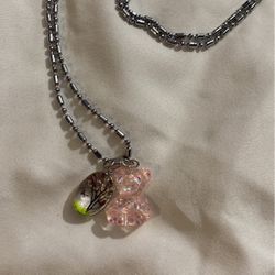 Pink Teddy Bear With Butterfly Necklace 