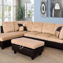 New Beige Sectional With Ottoman 