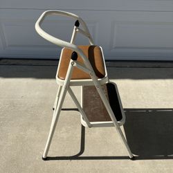 Vintage foldable metal stepping stool with cushion / 2-step ladder / foldable chair