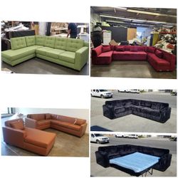 NEW 7X9FT PAULINE LIME  ,7X9FT SOFA WITH SLEPER PAISLEY BLACK, 7X9FT SECTIONAL WITH CHAISE  Rust Leather  And 5.5x13x7ft U SECTIONAL  Royalty  Wine FA