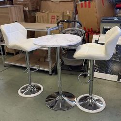 Bar Table Set of 3 – Adjustable Round Table and 2 Swivel Pub Stools (Marble Table and White Chairs-2)