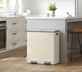 Trash Can, 2 x 8 Gallon (2 x 30 L) Garbage Can for Kitchen, with 15 Trash Bags, 2 Compartments, Plastic Inner Buckets and Hinged Lids, Airtight, Almon