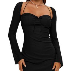 XLLAIS Women Long Puff Sleeve Mini Bodycon Mesh Dress Split Hem Clubwear Party Dress