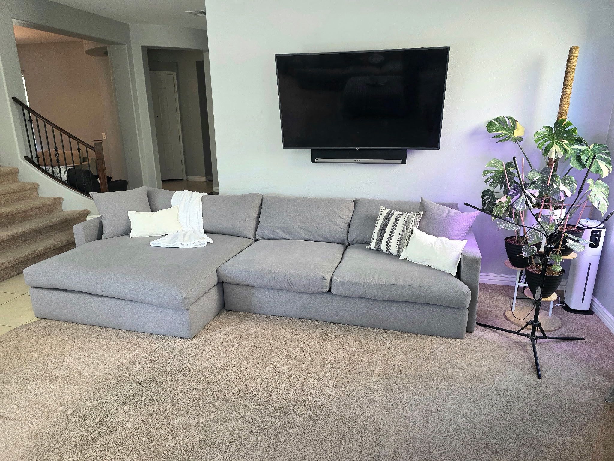 Crate & Barrel Cloud Extra Wide Chaise Sectional Couch Light Grey