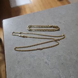 22" Gold Over Sterling Silver Cuban Chain And 7" Bracelet 