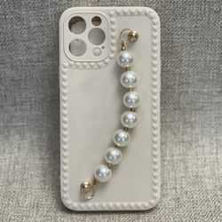 White Phone Case with Pearl Wrist Strap