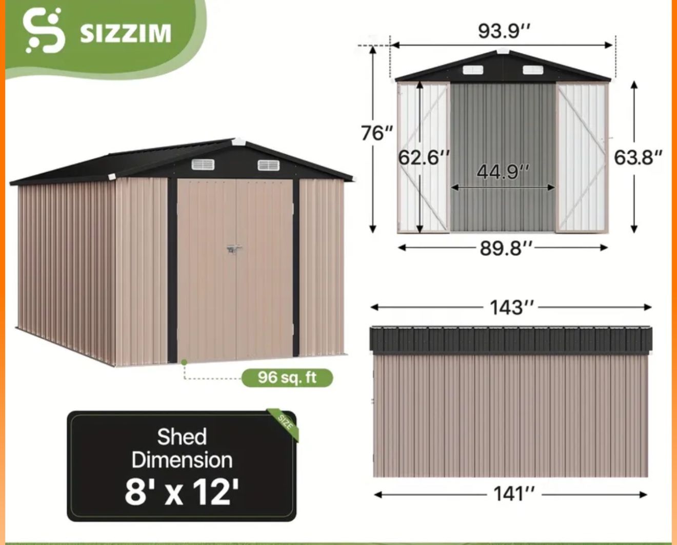 8x12 Brown Metal Shed With Floor Frame