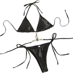 Women's Satin 2 Piece Rhinestone Bathing Suit High Waisted Swimsuit Bikini Set