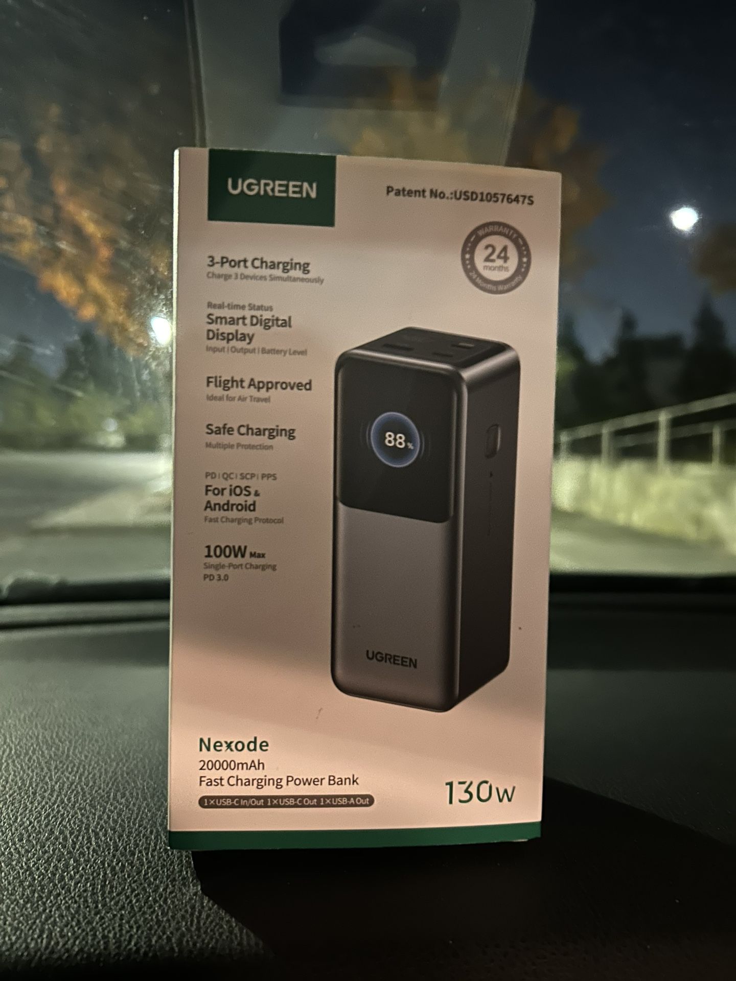 UGREEN - Nexode 130W 20,000mAh Power Bank with Smart TFT Display, 3-Port Portable Charger for Laptops, Tablets, Cell Phones - Unopened Box