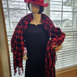$25.00 - Women's 100% Wool Hat & Scarf/Shawl Wrap Combo!  Hat By Betmar/One Size Fits All + Large Red/Black Buffalo Plaid Pattern 68" Fabric!