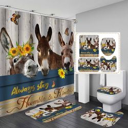 4PCS Funny Donkey Shower Curtain Set, Inspirational Quotes Country Farm Animals Sunflower Monarch Butterfly Rustic Farmhouse Bathroom Decor, Non-slip
