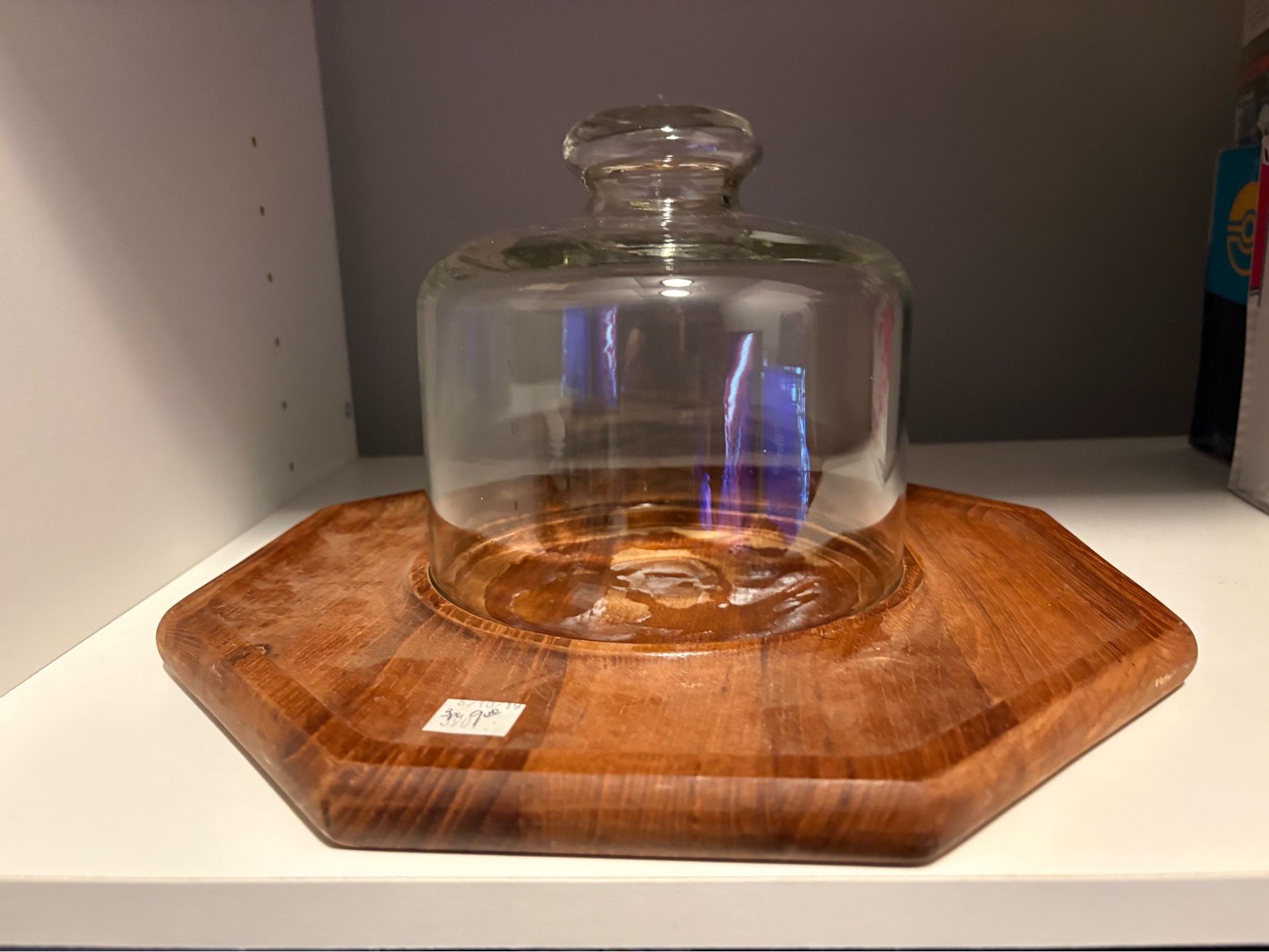 Glass display with wood tray