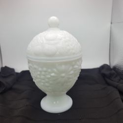 Vintage Avon Milk Glass Pedestal Compote Candy Dish With Lid Flowers 6.5" Tall