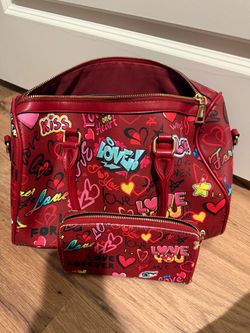 Red Graffiti Print Handbag with Matching Wallet