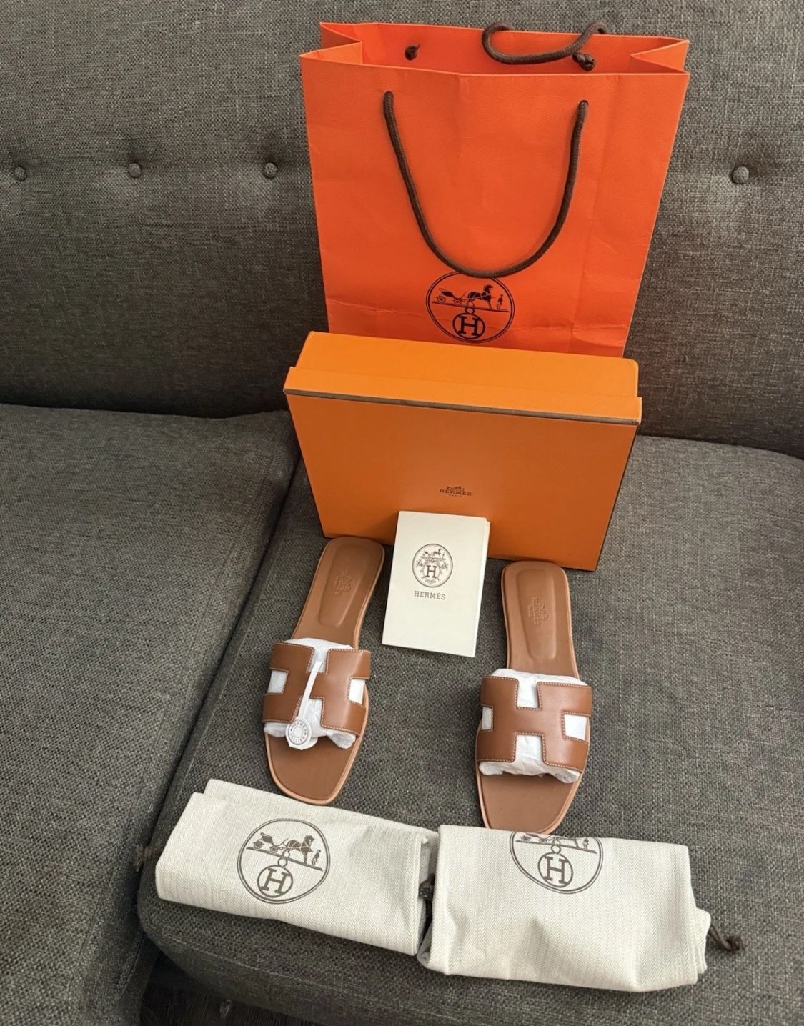 New Hermes Size 7 US 38 EU Brown Calfskin Oran Sandals With Box And Dust Bags