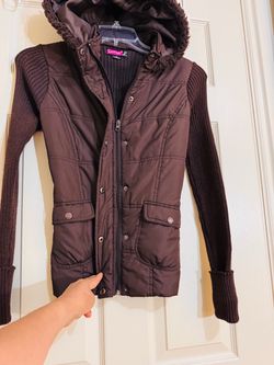 Dark Brown Hooded Puffer Jacket with Knit Sleeves