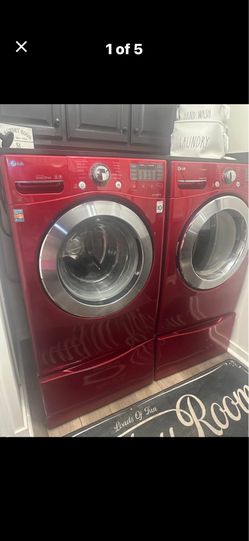 LG RED FRONT LOAD WASHER & DRYER WITH STORAGE DRAWERS