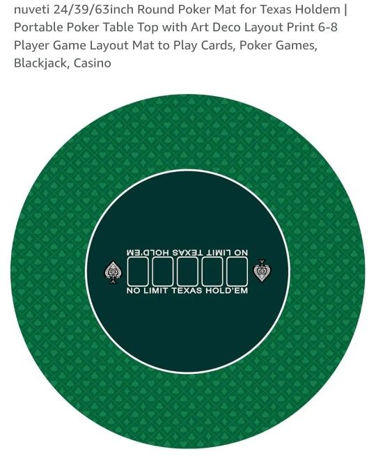 New 23" Round Poker Mat for Texas Holdem | Portable Poker Table Top with Art Deco Layout Print 6-8 Player Game Layout Mat to Play Cards, Poker Games