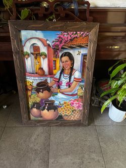 Framed Mexican Folk Art Oil Painting