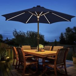 BLUU MAPLE 9 FT Outdoor Solar Patio Umbrella LED Table Umbrellas with 16 LED Strip Lights & Hub Light, Aluminum Frame, 3 YEARS Fade Resistance & UV Pr