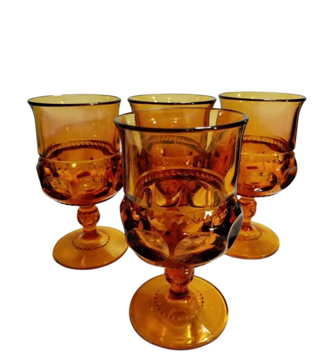 VINTAGE KINGS CROWN Amber Wine Goblet Set of 4 Indiana Glass 5 5/8 In Open Box