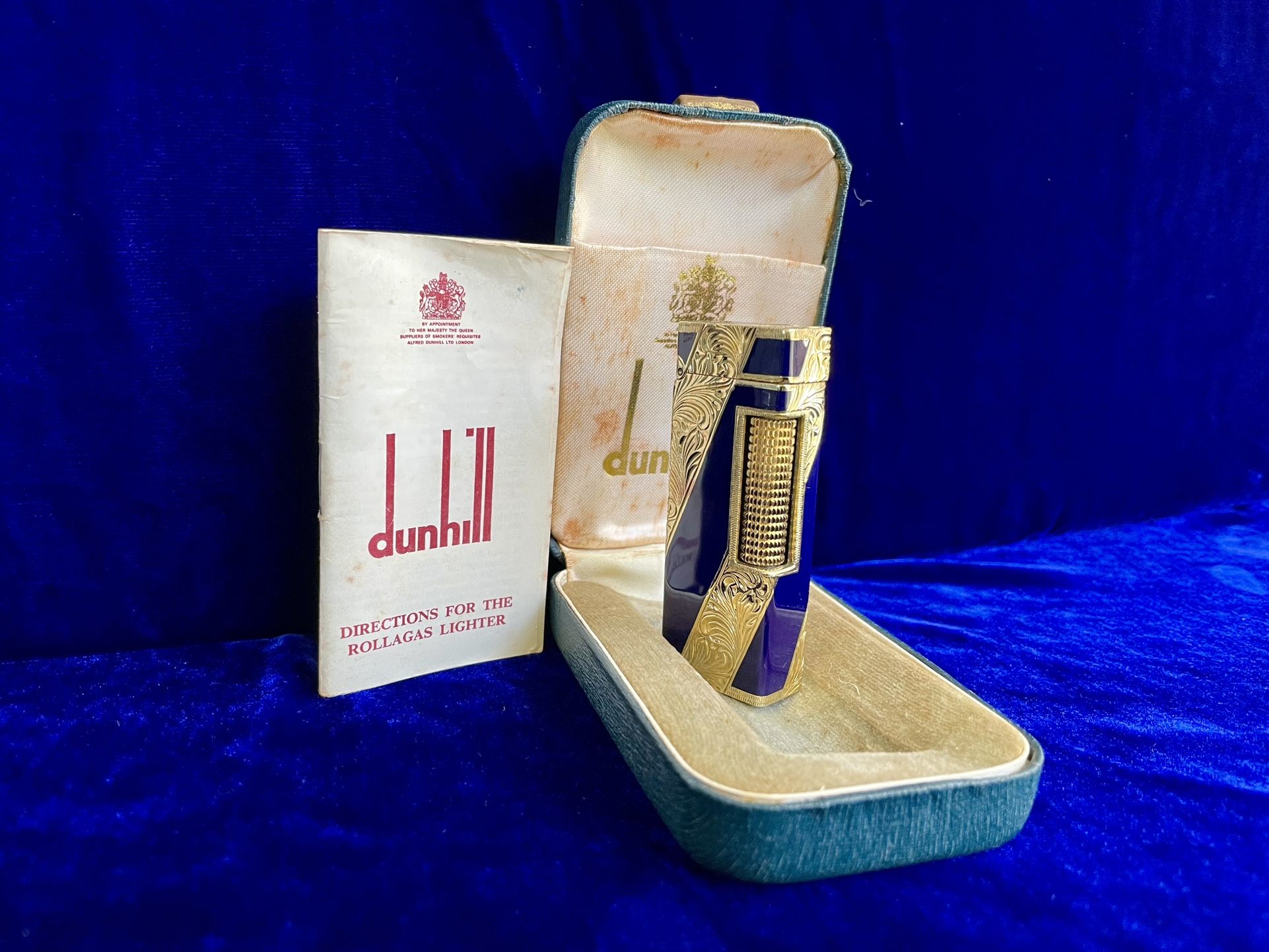 Vintage Blue Enamel 18K Solid Gold Dunhill Lighter Roy King Super