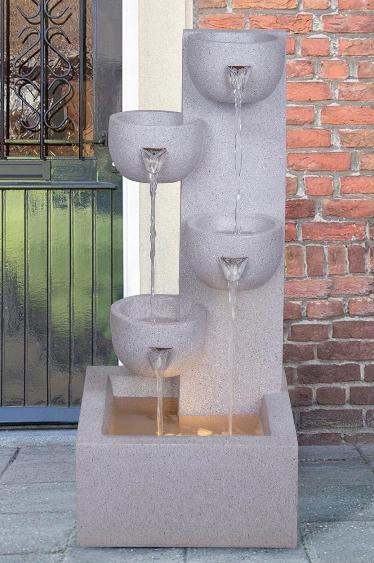 Morden Tiered Outdoor Water Fountain with LED Lights, 28 Inches Tall Resin Cascading Waterfall Feature for Garden, Patio, and Yard Decor
