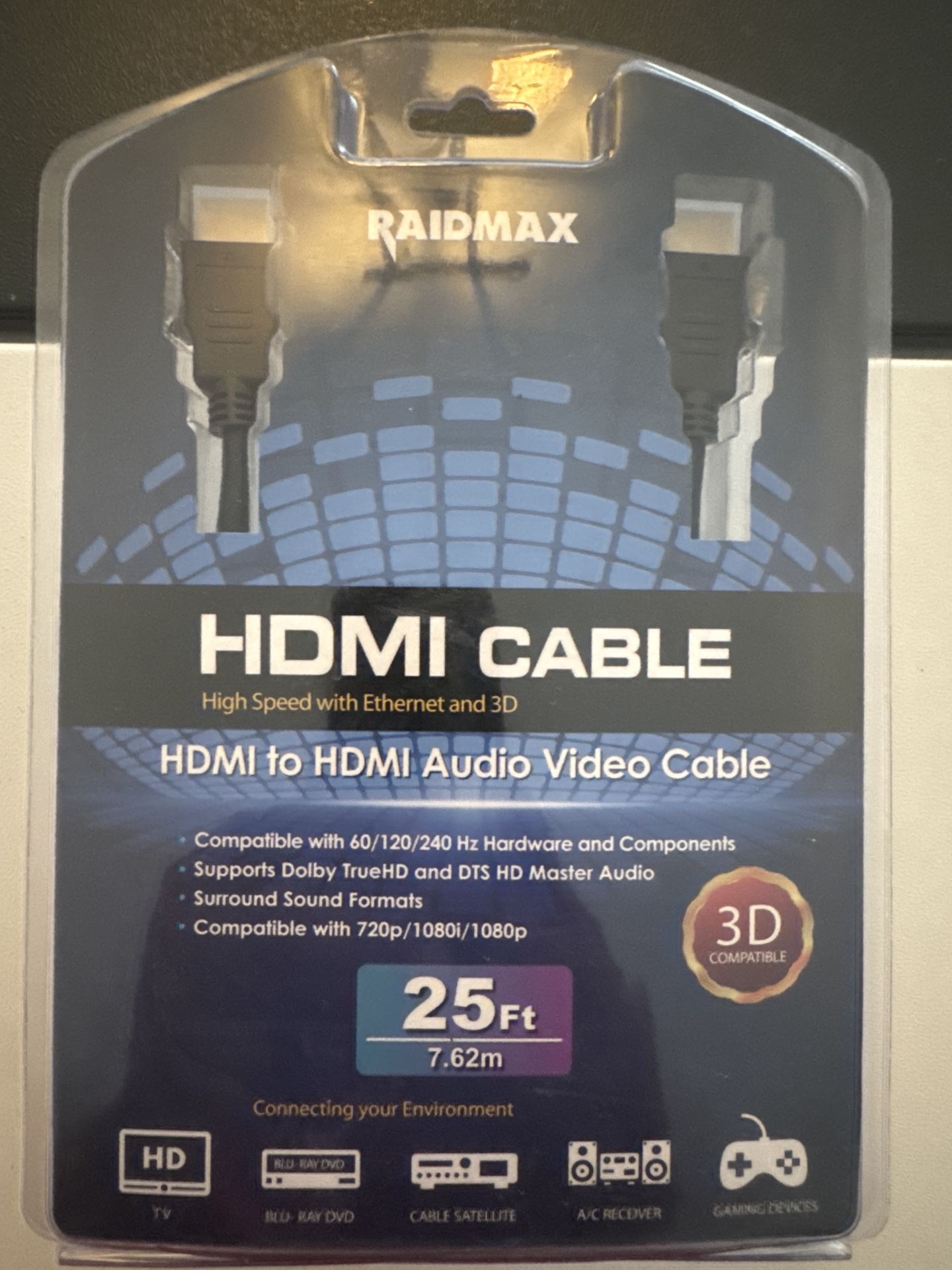 HDMI Cable 25ft RAIDMAX – High Speed with Ethernet & 3D (NEW, 8 Available)