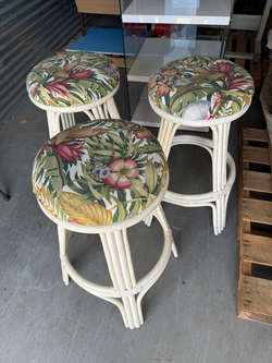 3 Bamboo Rattan Swivel Barstools – Tropical Cushioned Seat