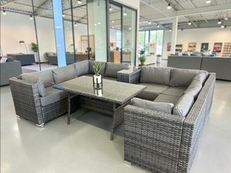 Gray Wicker Outdoor Sectional Set with Dining Table, we finance & Deliver