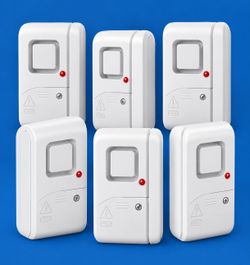 LOT OF 6 WIRELESS DOOR/ WINDOW ALARMS & BATTERIES
